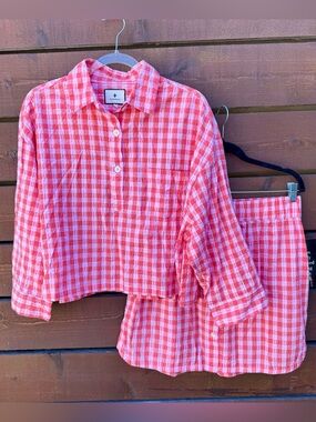 Tuckernuck Augustus Relaxed Boxy Crop Blouse & Pull On Skirt Seersucker Set Sz L
